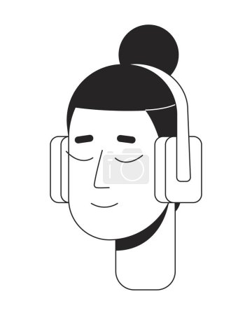 Illustration for Relaxed headphones man with samurai hairstyle black and white 2D line cartoon character head. Earphones relaxing korean male isolated vector outline person face. Monochromatic flat spot illustration - Royalty Free Image