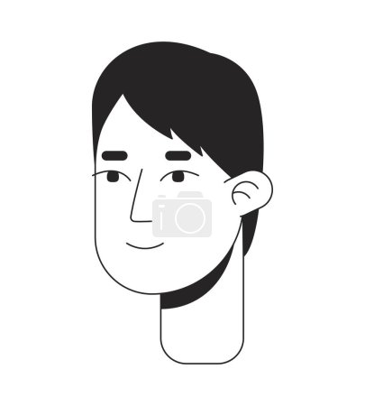 Illustration for Smiling korean male with sideswept bangs black and white 2D line cartoon character head. Modest japanese guy isolated vector outline person face. College student monochromatic flat spot illustration - Royalty Free Image