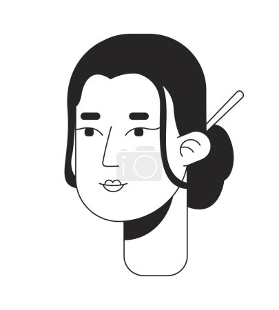 Téléchargez les illustrations : Femme japonaise traditionnelle kanzashi noir et blanc ligne 2D personnage de dessin animé tête. Jeune adulte femelle chignon cheveux chinois isolé vecteur contour visage de la personne. Illustration monochromatique des taches plates - en licence libre de droit