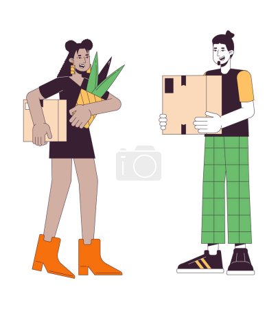 Illustration for Excited moving in couple line cartoon flat illustration. Relocation two people holding moving boxes 2D lineart characters isolated on white background. Beginning independent scene vector color image - Royalty Free Image