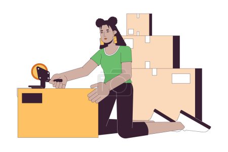 Illustration for Hispanic girl packing moving boxes line cartoon flat illustration. Latina woman wrapping belongings shipping tape 2D lineart character isolated on white background. Moving out scene vector color image - Royalty Free Image