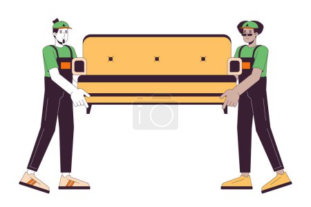 Illustration for Diverse men furniture movers line cartoon flat illustration. Moving company workers carrying sofa 2D lineart characters isolated on white background. Relocation service scene vector color image - Royalty Free Image