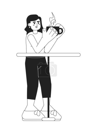 Illustration for Caucasian woman drinking coffee monochromatic flat vector character. Cafeteria table. Coffee break. Editable thin line full body person on white. Simple bw cartoon spot image for web graphic design - Royalty Free Image