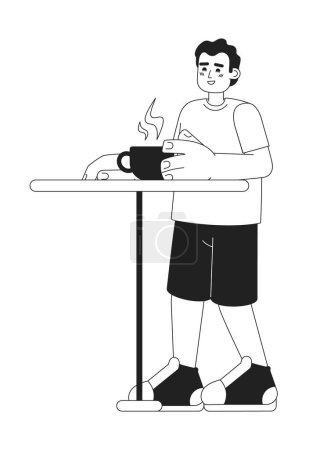 Ilustración de Feliz hombre hispano en la cafetería monocromático personaje vector plano. Reunión. Beber café caliente. Editable persona de cuerpo completo de línea delgada en blanco. Simple imagen spot de dibujos animados bw para el diseño gráfico web - Imagen libre de derechos