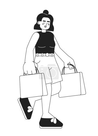 Illustration for Happy latina girl going shopping monochromatic flat vector character. Holding shopping bag. Positive. Editable thin line full body person on white. Simple bw cartoon spot image for web graphic design - Royalty Free Image