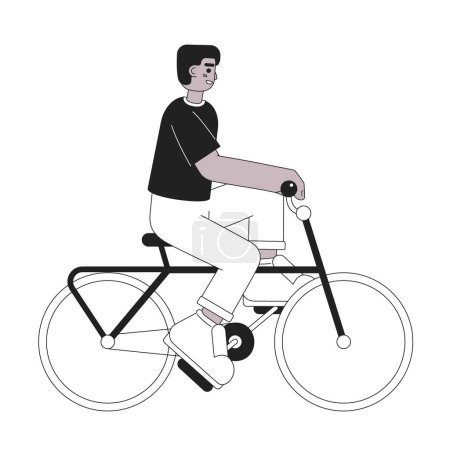 Illustration for Man riding on bike monochromatic flat vector character. African american boy on bicycle. Editable thin line full body person on white. Simple bw cartoon spot image for web graphic design - Royalty Free Image