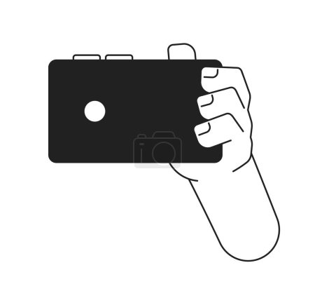 Illustration for Holding smartphone monochrome flat vector hand. Taking photo. Editable black and white thin line icon. Simple cartoon clip art spot illustration for web graphic design - Royalty Free Image