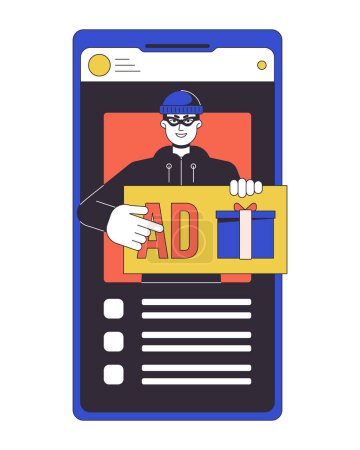 Illustration for Advertising fraud flat line concept vector spot illustration. Calling for click on ad. Smartphone 2D cartoon outline object on white for web UI design. Cybercrime editable isolated color hero image - Royalty Free Image