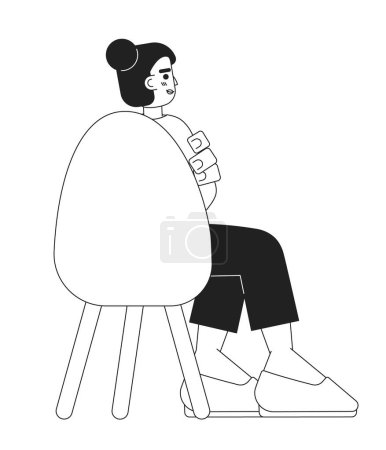 Ilustración de Mujer adulta sudasiática sentada en silla vista trasera negro y blanco personaje de dibujos animados 2D. Oriente Medio chica aislado vector contorno persona. Trabajador comprometido. Ilustración plana monocromática - Imagen libre de derechos