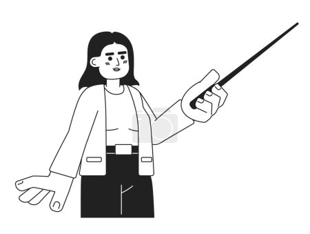 Téléchargez les illustrations : Moyen-Orient enseignante tenant bâton noir et blanc personnage de dessin animé 2D. Arabe femme instructeur isolé vecteur contour personne. Affichage de l'illustration monochromatique de la tache plane - en licence libre de droit