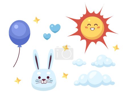 Illustration for Boyish childish decorations 2D illustration concept. Newborn baby boy card isolated cartoon scene, white background. Happy sun, fluffy clouds, cute bunny metaphor abstract flat vector graphic - Royalty Free Image