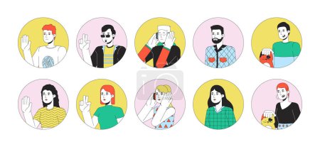 Illustration for Caucasian young adult 2D linear vector avatars illustration set. Millennial women, men outline cartoon character faces collection. Modern european female, male flat color user profile images isolated - Royalty Free Image