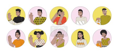 Illustration for African american millennial 2D linear vector avatars illustration set. Afro women, men outline cartoon character faces collection. Hello, winner, music enjoy flat color user profile images isolated - Royalty Free Image