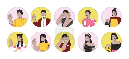 Illustration for Hispanic latin americans 2D linear vector avatars illustration set. Adult latino latina women, men outline cartoon character faces collection. Mexican people flat color user profile images isolated - Royalty Free Image