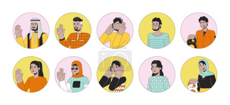 Illustration for Arabian middle eastern 2D linear vector avatars illustration set. Modern muslim women, men outline cartoon character faces collection. Turkish female, saudi man flat color user profile images isolated - Royalty Free Image