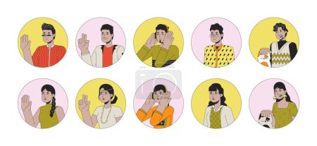Ilustración de India feliz sur asiáticos 2D vector lineal avatares conjunto de ilustración. Las mujeres hindúes, los hombres esbozan la colección de rostros de personajes de dibujos animados. Usando auriculares, cuidado del gato imágenes de perfil de usuario de color plano aislado - Imagen libre de derechos