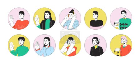 Illustration for Casual asians 2D linear vector avatars illustration set. Japanese, korean adult women, men outline cartoon character faces collection. Chill out, petting cat flat color user profile images isolated - Royalty Free Image