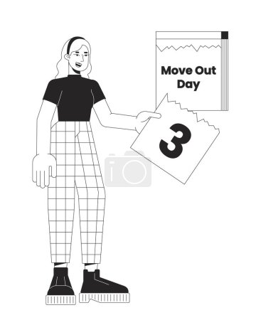 Illustration for Moving out day calendar tear off black and white cartoon flat illustration. Caucasian woman rips page off countdown 2D lineart character isolated. Before moving monochrome scene vector outline image - Royalty Free Image