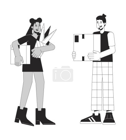 Illustration for Excited moving in couple black and white cartoon flat illustration. Relocation two people holding boxes 2D lineart characters isolated. Beginning independent monochrome scene vector outline image - Royalty Free Image