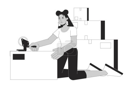 Illustration for Hispanic girl packing moving boxes black and white cartoon flat illustration. Latina woman wrapping shipping tape 2D lineart character isolated. Moving out monochrome scene vector outline image - Royalty Free Image