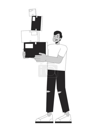Illustration for Startled man carrying stacked boxes black and white cartoon flat illustration. Troubled indian guy holding cardboard 2D lineart character isolated. Moving stress monochrome scene vector outline image - Royalty Free Image