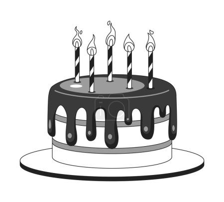 Illustration for Birthday cake lit candles black and white 2D cartoon object. Happy birthday dessert isolated vector outline item. Childhood celebration. Brownie chocolate cake monochromatic flat spot illustration - Royalty Free Image