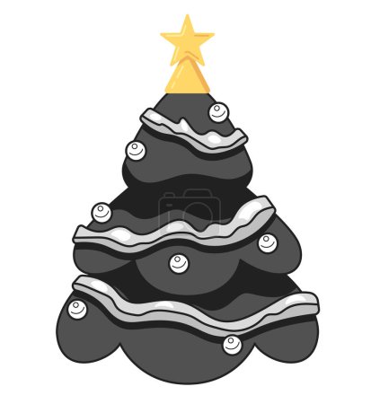 Illustration for Star Christmas tree decorated tinsel black and white 2D cartoon object. Classic baubles, garlands xmas pine tree isolated vector outline item. Christmas spirit monochromatic flat spot illustration - Royalty Free Image
