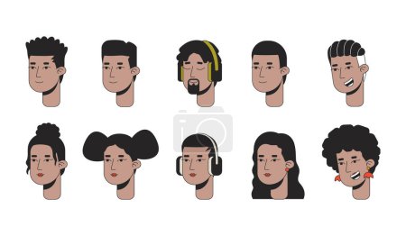 Illustration for African american millennial 2D linear cartoon character faces set. Black gen z isolated line vector heads people white background. Young adult female, male color flat spot illustration collection - Royalty Free Image