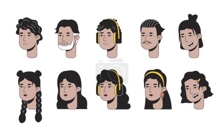 Illustration for Generations hispanic 2D linear cartoon character faces set. Latin american isolated line vector heads people white background. Different ages and genders color flat spot illustration collection - Royalty Free Image