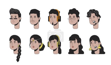 Illustration for Indian modern 2D linear cartoon character faces set. Adults south asians isolated line vector heads people white background. Traditional hindu women, men color flat spot illustration collection - Royalty Free Image