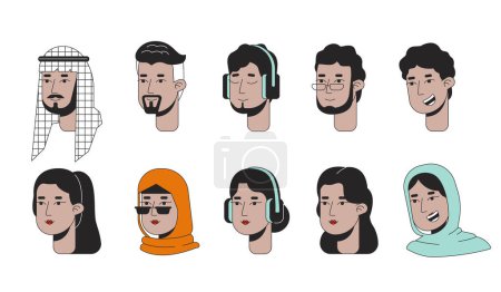 Téléchargez les illustrations : Arabe Moyen-Orient 2D personnages de bande dessinée linéaire visages ensemble. Homme saoudien, femmes turques ligne isolée vecteur têtes gens fond blanc. Collection moderne d'illustrations de taches plates de couleur musulmane - en licence libre de droit