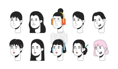 Illustration for Asian ethnicity young adult 2D linear cartoon character faces set. Modern japanese men isolated line vector heads people white background. Korean stylish women color flat spot illustration collection - Royalty Free Image
