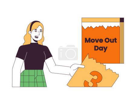 Illustration for Calendar woman on moving out day 2D linear cartoon character. Caucasian girl ready to relocation isolated line vector person white background. Moving house countdown color flat spot illustration - Royalty Free Image