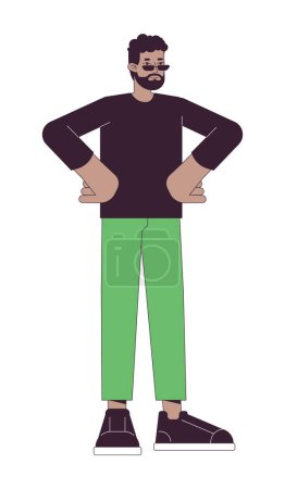 Illustration for African american man confident hands on hips 2D linear cartoon character. Black guy bearded sunglasses isolated line vector person white background. Standing in power pose color flat spot illustration - Royalty Free Image