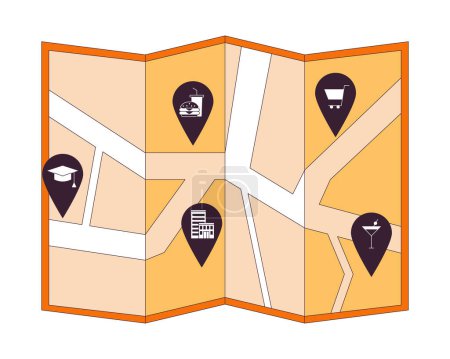 Illustration for Neighborhood map with pinpoints 2D linear cartoon object. Entertainment education. Downtown location pins isolated line vector element white background. Urban planning color flat spot illustration - Royalty Free Image