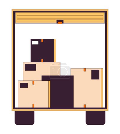 Illustration for Moving truck back 2D linear cartoon object. Moving van boxes isolated line vector element white background. Delivery van. Relocation cardboard boxes inside vehicle trunk color flat spot illustration - Royalty Free Image