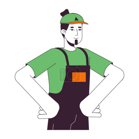 Illustration for Caucasian male warehouse worker hands on hips 2D linear cartoon character. European man plumber isolated line vector person white background. Courier worker bearded color flat spot illustration - Royalty Free Image