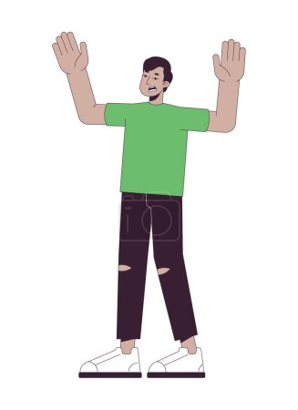 Illustration for Shocked frustrated indian man holding hands up 2D linear cartoon character. Wow astonished south asian guy isolated line vector person white background. Scared gesture color flat spot illustration - Royalty Free Image