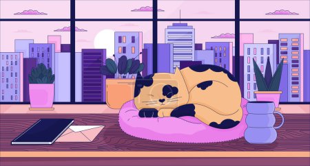 Illustration for Cityscape sunset cozy desk with sleeping cat lofi wallpaper. Workplace table kitten sleepy 2D character cartoon flat illustration. Hygge office chill vector art, lo fi aesthetic colorful background - Royalty Free Image