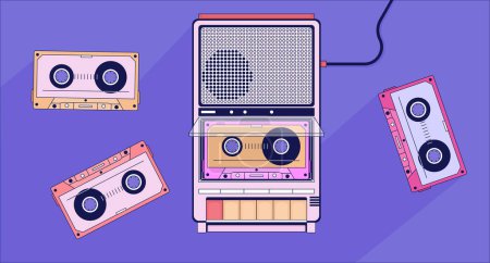 Illustration for Old fashioned player cassette tapes lofi wallpaper. Portable device vintage 2D objects cartoon flat illustration. Retro compact recorder music 80s chill vector art, lo fi aesthetic colorful background - Royalty Free Image