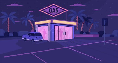 Illustration for Silhouettes at gas station nighttime lofi wallpaper. People inside convenience store 2D cityscape cartoon flat illustration. Empty parking lot chill vector art, lo fi aesthetic colorful background - Royalty Free Image