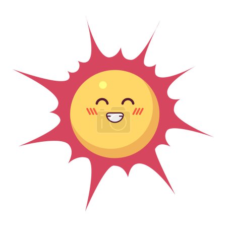 Téléchargez les illustrations : Tête de soleil souriante personnage de dessin animé 2D. Bonheur dents sourire soleil isolé vecteur personnage fond blanc. Météo estivale. Confort chaleureux. Illustration de tache plate de couleur ensoleillée souriante - en licence libre de droit