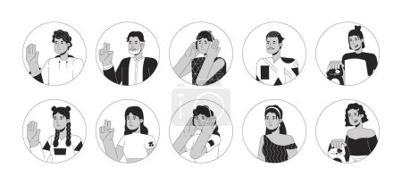 Illustration for Hispanic latin americans black and white 2D vector avatars illustration set. Adult latino latina women, men outline cartoon character faces isolated. Mexican people flat user profile image collection - Royalty Free Image