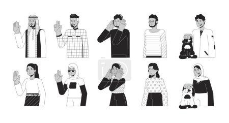 Ilustración de Árabe Oriente Medio negro y blanco 2D línea personajes de dibujos animados conjunto. Mujer turca, hombre saudí aislado vector delinear a la gente. Hijab damas. Paquete moderno de ilustración plana monocromática musulmana - Imagen libre de derechos