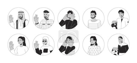 Illustration for Arabian middle eastern black and white 2D vector avatars illustration set. Muslim women, men outline cartoon character faces isolated. Turkish female, saudi man flat user profile image collection - Royalty Free Image