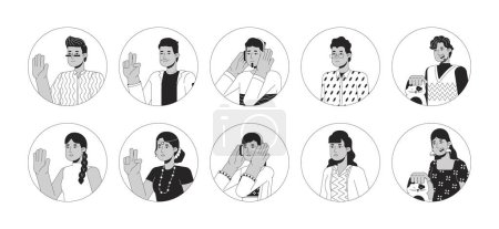 Illustration for Happy indians south asians black and white 2D vector avatars illustration set. Hindu women, men outline cartoon character faces isolated. Wear headphones, cat care flat user profile image collection - Royalty Free Image