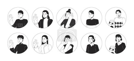 Illustration for Casual asians black and white 2D vector avatars illustration set. Japanese, korean adult women, men outline cartoon character faces isolated. Chill out, petting cat flat user profile image collection - Royalty Free Image
