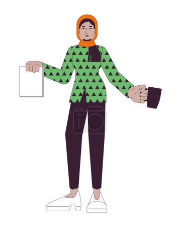 Ilustración de Mujer musulmana hiyab sosteniendo documentos, taza 2D personaje de dibujos animados lineales. Secretario de oficina sirviendo café aislado línea vector persona fondo blanco. árabe mujer de negocios color plano punto ilustración - Imagen libre de derechos