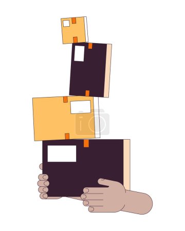Illustration for Carrying unstable stacked boxes linear cartoon character hands illustration. Holding unsteady cardboard parcels outline 2D vector image, white background. Challenge editable flat color clipart - Royalty Free Image