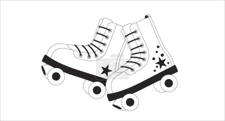 Illustration for Old fashioned roller skates black and white lofi wallpaper. Summer activities rollerskates vintage 2D outline objects cartoon flat illustration. Entertainment vector line lo fi aesthetic background - Royalty Free Image